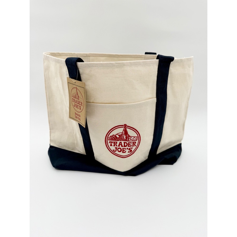 Large Trader Joe's Reusable Canvas Tote Bag Navy Blue Cream Embroidered Logo NWT